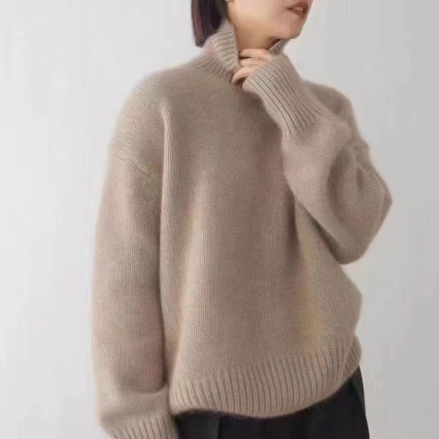 Damen Modernes Strickpullover mit hohem Kragen und Lockere Passform EB