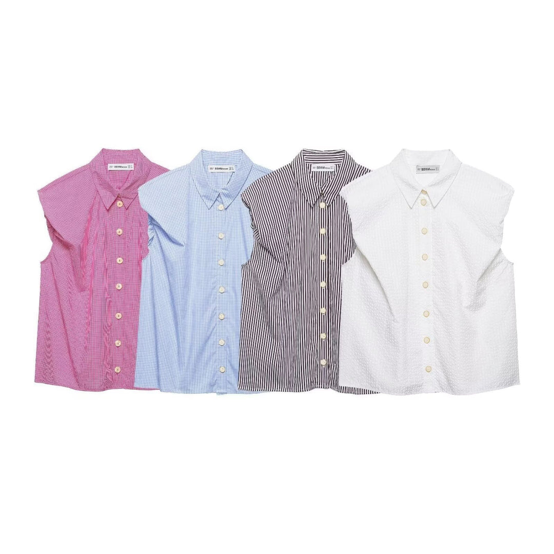 Damen Kurzarm Bluse mit modernen Streifen und eleganter Knopfleiste EB