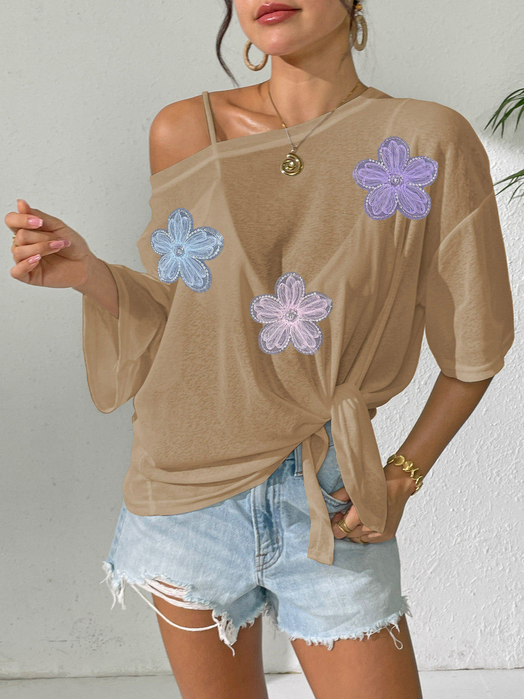 Damen lässiges Oberteil mit floralem Design und seitlichem Knoten EB