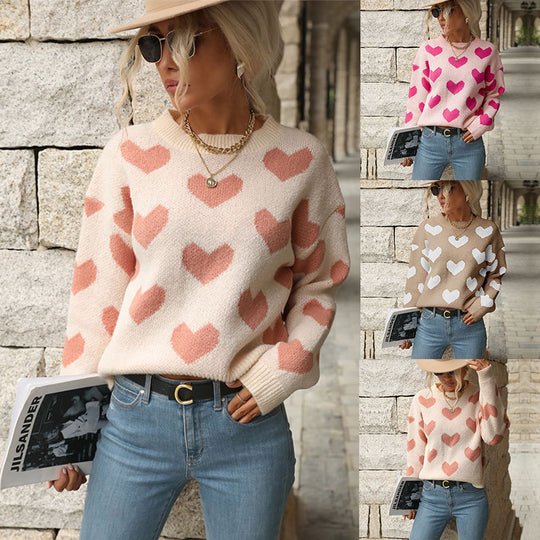 Damen Strickpullover mit Herzmuster und lässigem Schnitt EB