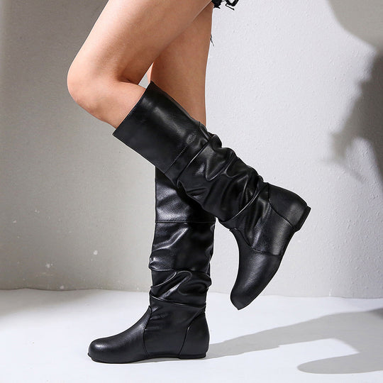 Damen nan knielange Slouch-Stiefel mit weichem Schaft und niedrigem Blockabsatz EB