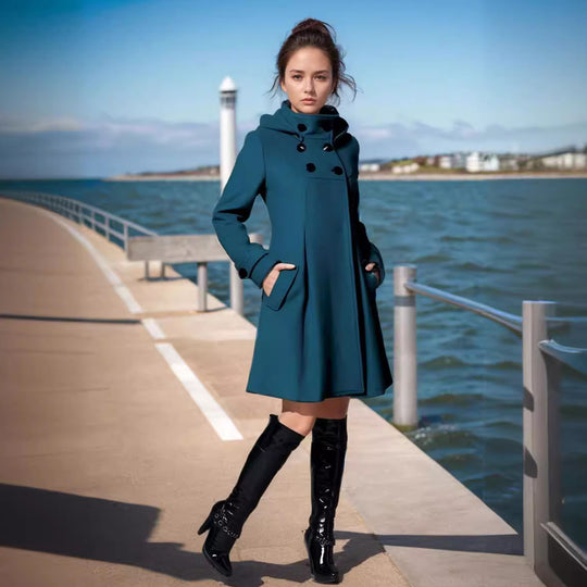 Damen eleganter Kapuzenmantel mit doppelter Knopfreihe und seitlichen Taschen EB