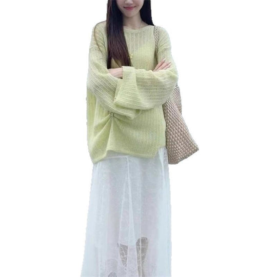 Damen Grobstrickpullover mit weitem Schnitt und modischen Ballonärmeln EB