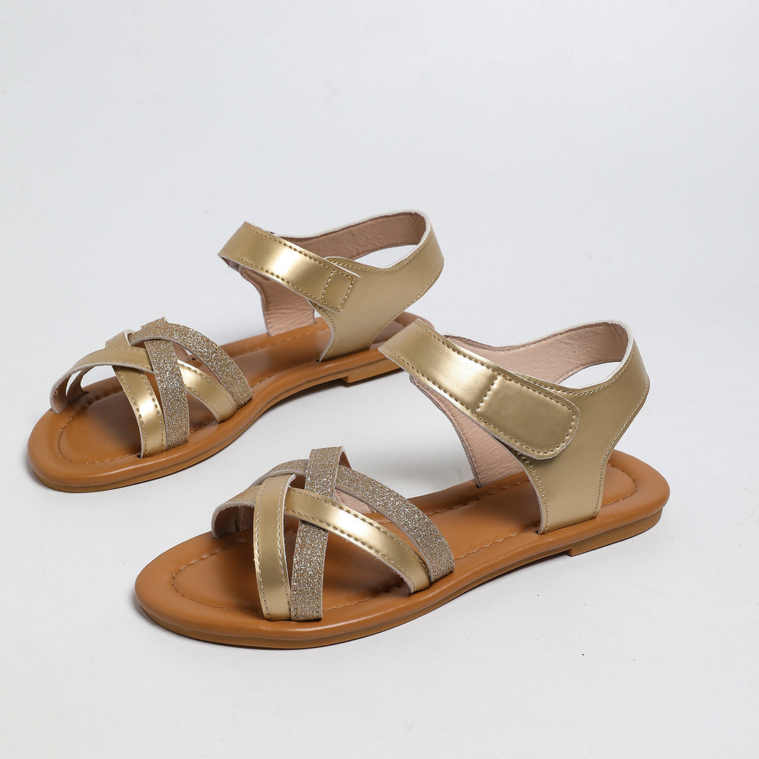 Damen modische Sandalen mit glitzerndem Kreuzriemen und komfortablem Klettverschluss EB