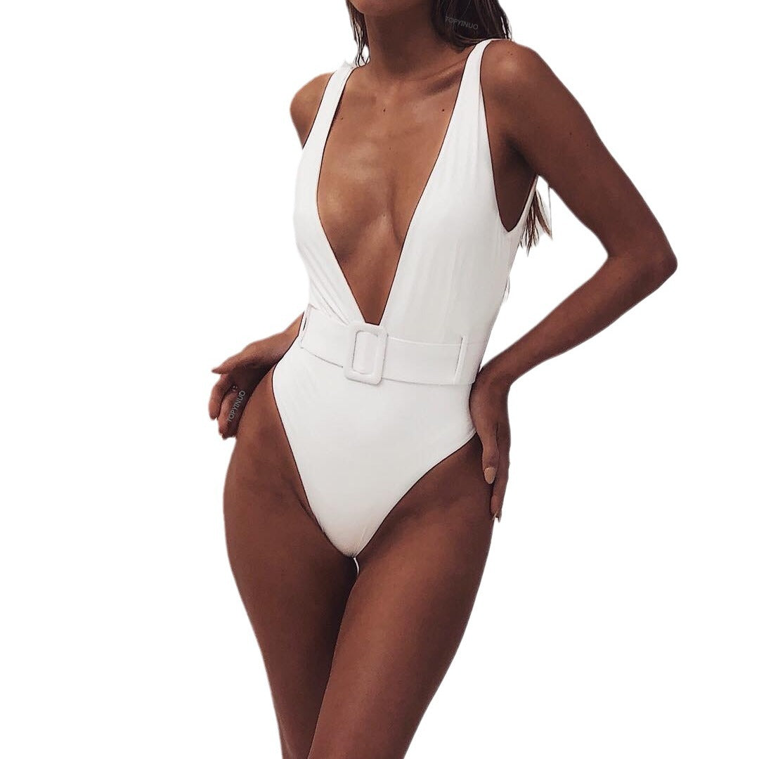 Damen Einteiliger Badeanzug mit glamourösem V-Ausschnitt und stylischer Gürteldetail EB