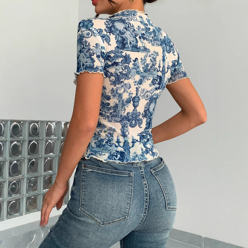 Damen Kurzes T-Shirt mit kreativem Druck und elegantem Stehkragen EB