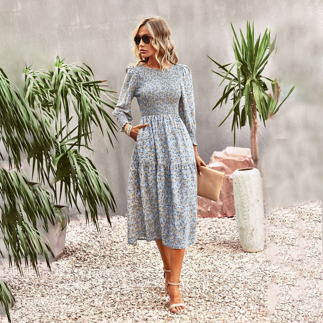 Damen Florales Midi-Kleid mit Geraffter Taille und Langen Ärmeln EB