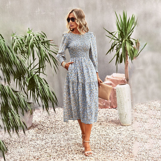 Damen Florales Midi-Kleid mit Geraffter Taille und Langen Ärmeln EB