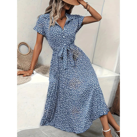 Damen Maxikleid mit knöpfbarem Kragen und Bindegürtel EB