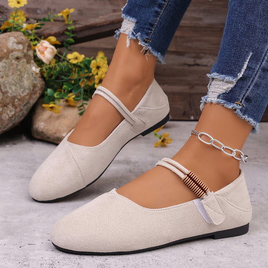 Damen  flache Mary-Jane Ballerinas aus Veloursimitat mit elastischem Zierband und gepolsterter Komfortinnensohle EB
