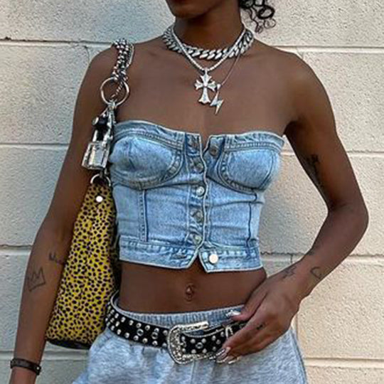 Damen Denim-Crop-Top mit gestricktem Überwurf EB
