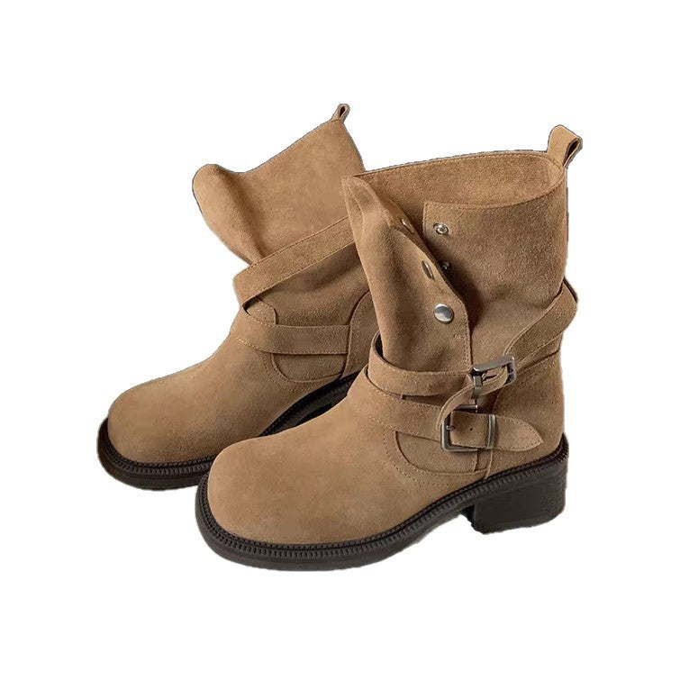 Damen Leder Stiefeletten mit dekorativem Riemen und robustem Blockabsatz EB