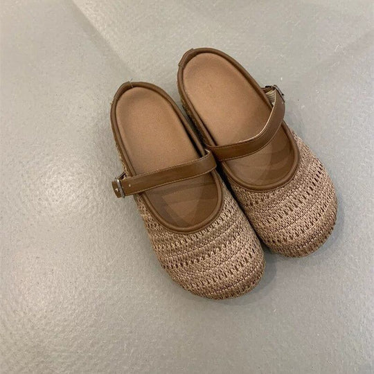 Damen elegante Clogs mit handgearbeitetem Strickmuster und verstellbarem Riemen EB