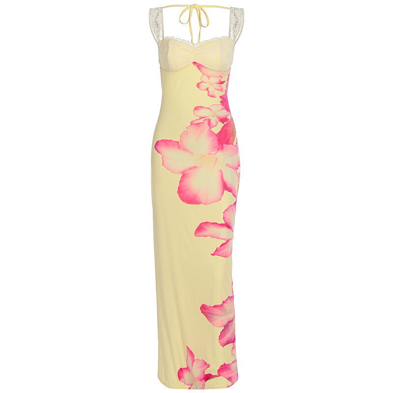 Damen Elegantes Maxikleid mit floralem Oberteil und Spitzenbändern EB