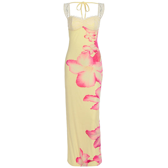 Damen Elegantes Maxikleid mit floralem Oberteil und Spitzenbändern EB