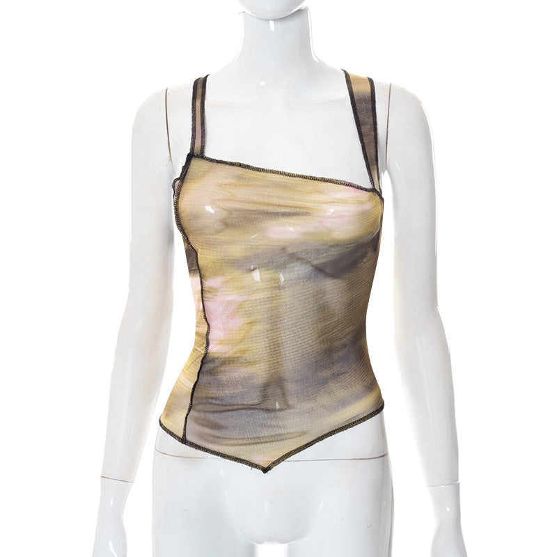 Damen elegantes Top mit asymmetrischem Schnitt und transparentem Design EB