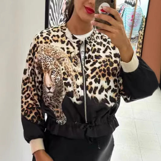 Damen entspannte Bomberjacke mit extravagantem Leoparden-Motiv EB