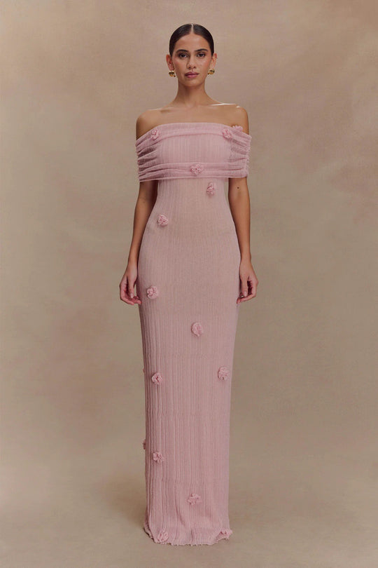 Damen Elegantes Maxikleid mit Off-Shoulder-Design und zarten 3D-Blütenapplikationen EB