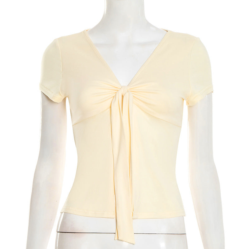 Damen elegantes Wickeloberteil mit dekorativem Knoten und tiefem V-Ausschnitt EB