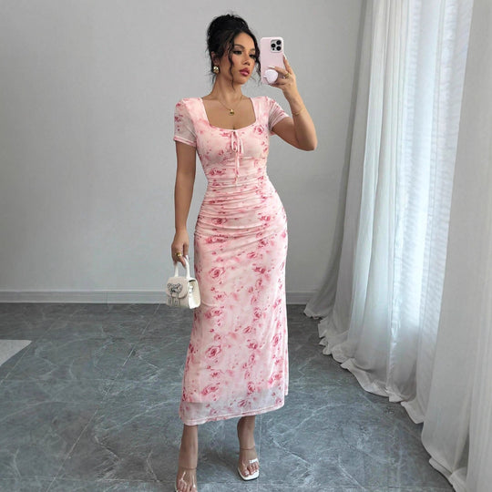Damen Midi-Kleid mit raffinierten Falten und floralem Muster EB