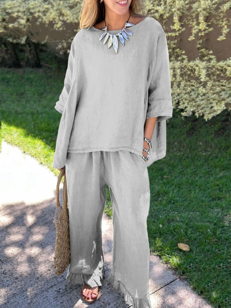 Damen lässiges Leinen-Outfit mit weitem Schnitt und angeschnittenen Ärmeln EB