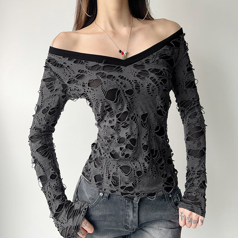Damen nan transparentes Distressed-Spitzenshirt mit V-Ausschnitt, langärmeligem Layer-Look und innenliegendem Cami EB