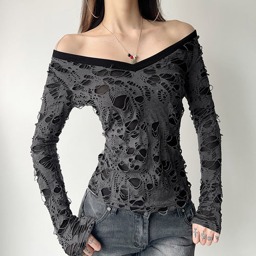 Damen nan transparentes Distressed-Spitzenshirt mit V-Ausschnitt, langärmeligem Layer-Look und innenliegendem Cami EB