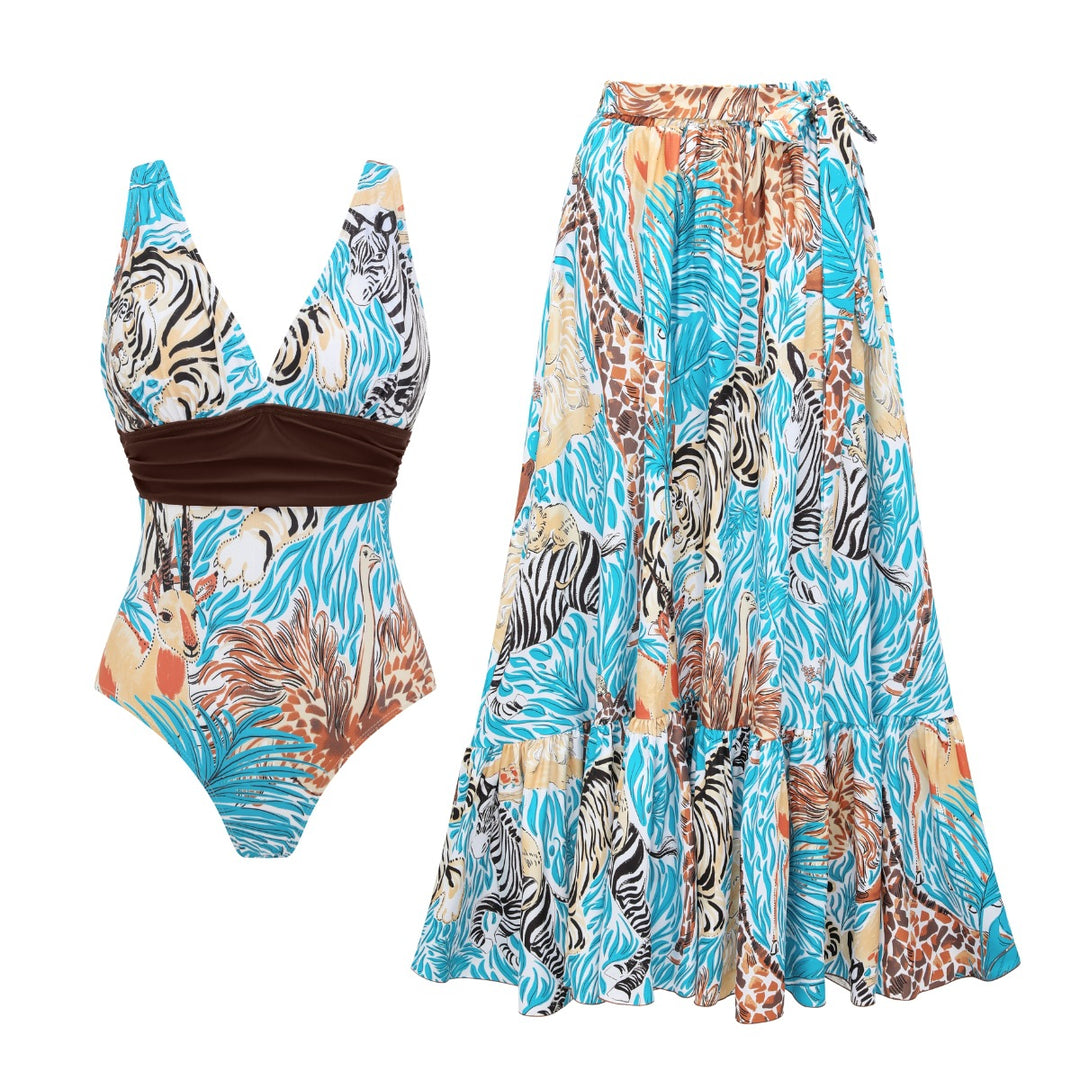 Damen Einteiler Badeanzug mit tierischem Print und eleganter Taillierung EB