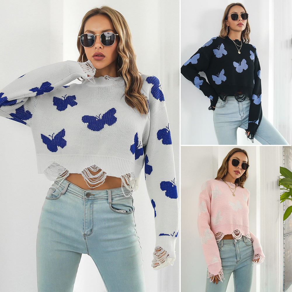 Damen Strickpullover mit einzigartigem Schmetterlingsdesign und trendigem Fransenabschluss EB