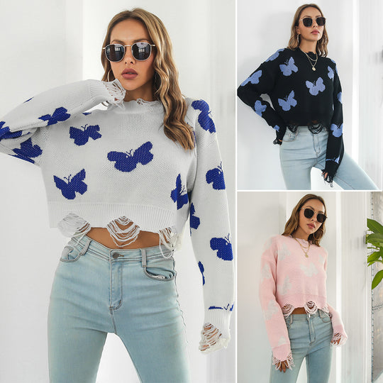 Damen Strickpullover mit einzigartigem Schmetterlingsdesign und trendigem Fransenabschluss EB