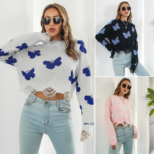 Damen Strickpullover mit einzigartigem Schmetterlingsdesign und trendigem Fransenabschluss EB