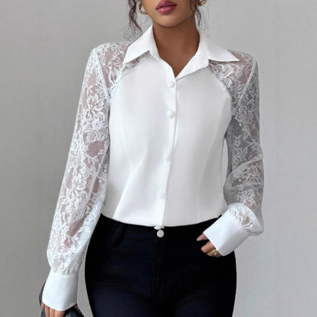 Damen Elegante Bluse mit Spitzeneinsätzen und Hemdkragen EB
