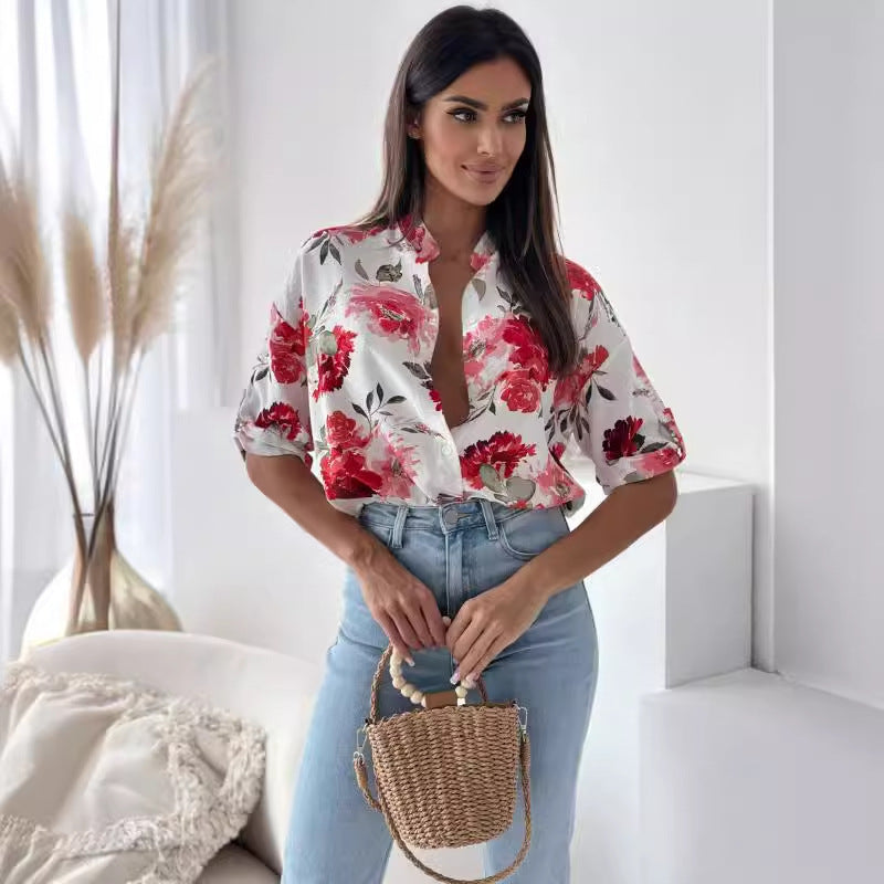 Damen Blumige Oversized Hemdbluse mit kurzen Ärmeln EB