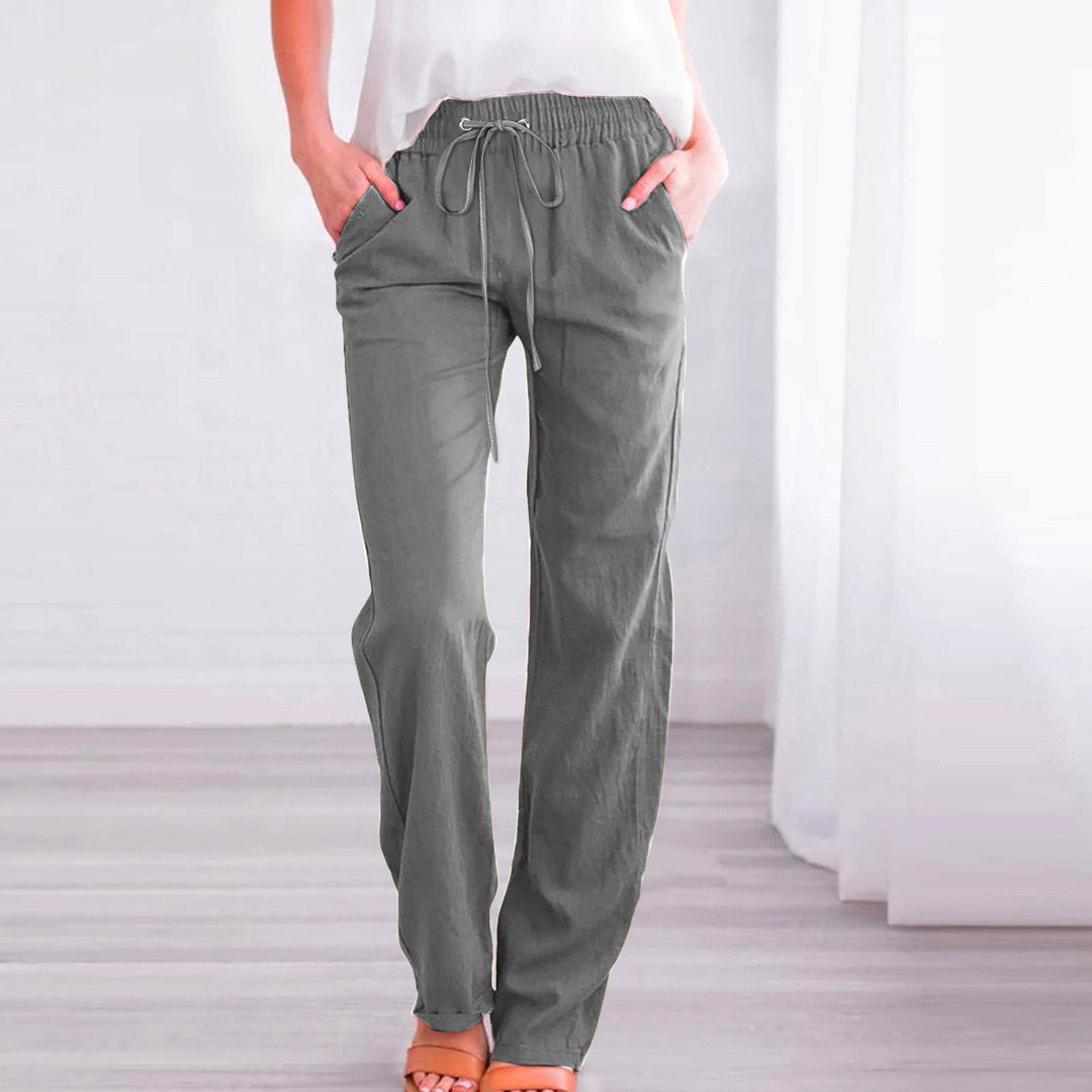 Damen Bequeme Leinen-Hose mit elastischem Bund und Taschen EB