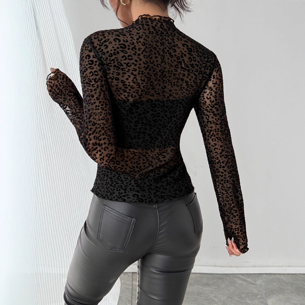Damen Transparente Langarmbluse mit Leopardenmuster EB