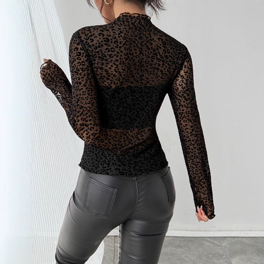 Damen nan eng anliegendes Transparenz-Mesh-Top mit erhabenem Samtflock-Leoprint und Stehkragen EB