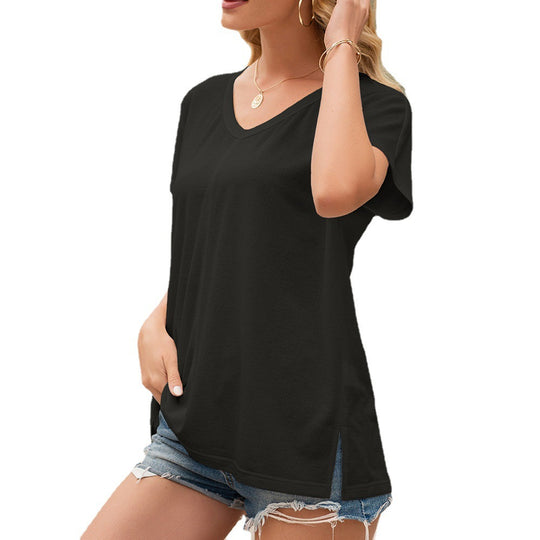 Damen V-Ausschnitt T-Shirt mit Seitenschlitzen und lockerer Passform EB