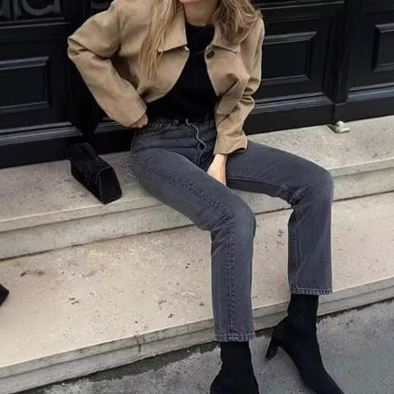 Damen Wildlederimitat Jacke mit Knopfleiste und Taschen EB