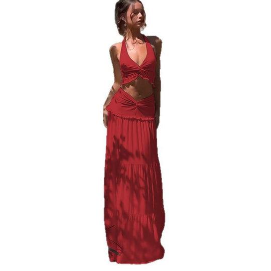 Damen Zweiteiliges Sommer-Outfit mit Knotted Top und fließendem Rock EB