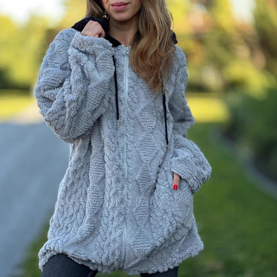 Damen Übergroße Fleecejacke mit Kapuze und Reißverschluss EB