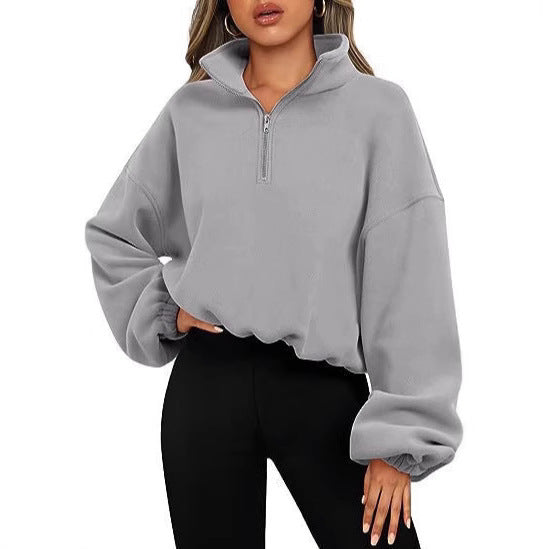 Damen nan kurz geschnittenes Halbzip-Sweatshirt mit hohem Stehkragen, Ballonärmeln und elastischem Saum EB