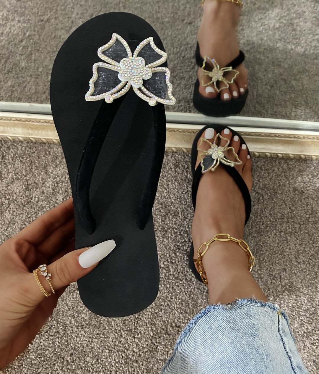 Damen elegante Flip-Flop Sandalen mit floralem Design EB