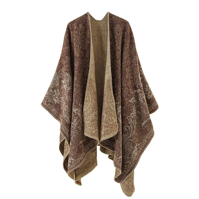 Damen Jacquard-Poncho mit orientalischem Muster und offener Vorderseite EB