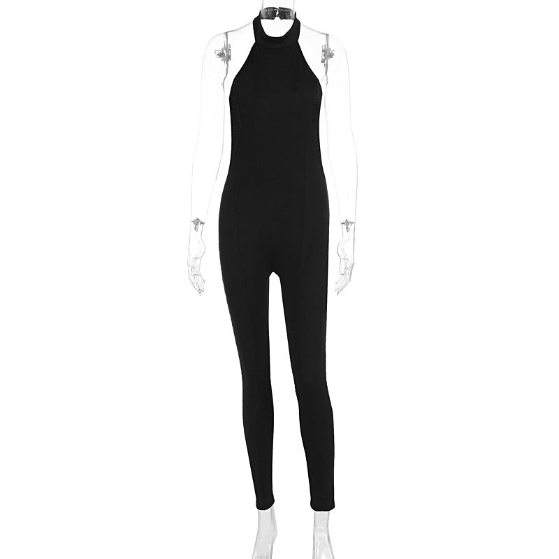 Damen figurbetonter Jumpsuit mit hohem Kragen und Rippstruktur EB
