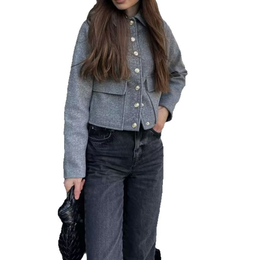 Damen modische Kurzjacke mit praktischen Pattentaschen und dekorativen Knöpfen EB