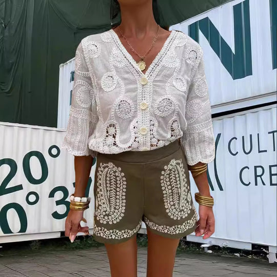 Damen Luftige Bluse mit kunstvollen Häkelmustern EB