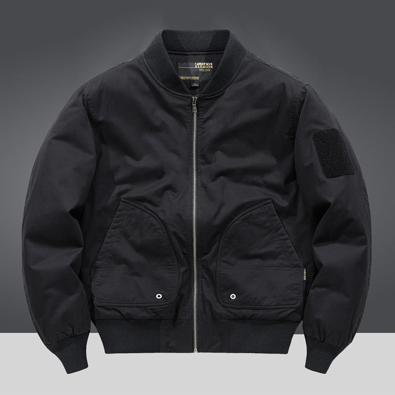 Men's  military-inspired heavyweight cotton bomber jacket with curved flap utility pockets and sleeve velcro patch EB