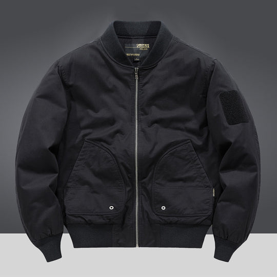 Men's  military-inspired heavyweight cotton bomber jacket with curved flap utility pockets and sleeve velcro patch EB