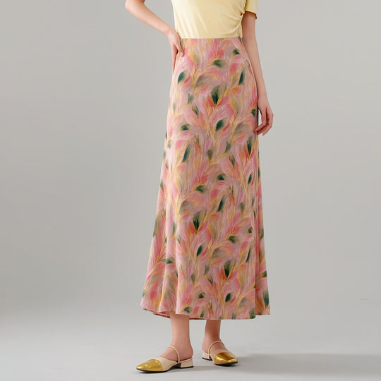 Damen  fließender Midirock mit floralem Print und A-Linie aus satinähnlichem Stoff EB