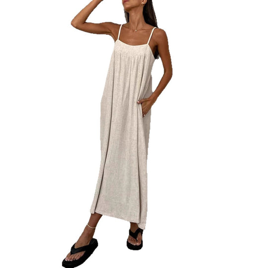 Damen luftiges Maxikleid mit breitem Schnitt und praktischen Taschen EB